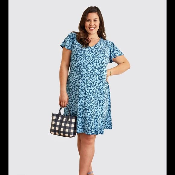 Draper James Blue Floral Stretchy Jersey Knit Flutter Sleeve Casual Dress - S - Picture 1 of 7